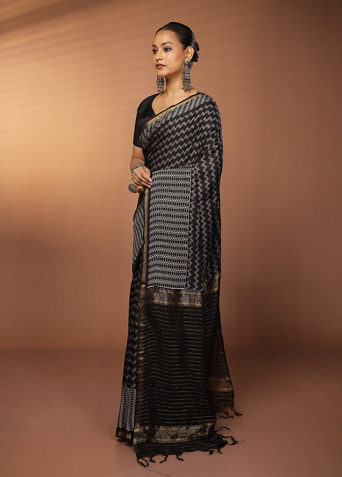 Black Chanderi Cotton Saree With Blouse Piece