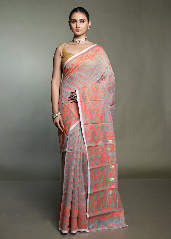Grey Tant Jamdani Saree Without Blouse Piece