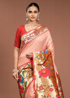 Pink Handloom Kanjivaram Pure Silk Saree With Blouse Piece