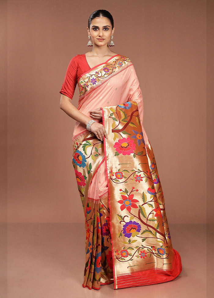 Pink Handloom Kanjivaram Pure Silk Saree With Blouse Piece