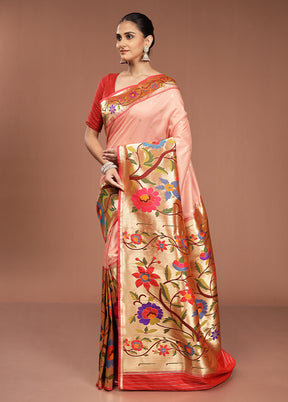 Pink Handloom Kanjivaram Pure Silk Saree With Blouse Piece