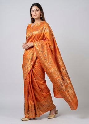 Rust Handloom Baluchari Pure Silk Saree With Blouse Piece