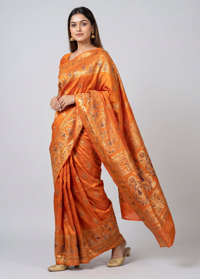 Rust Handloom Baluchari Pure Silk Saree With Blouse Piece