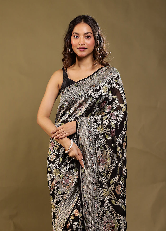 Black Handloom Pure Georgette Saree With Blouse Piece