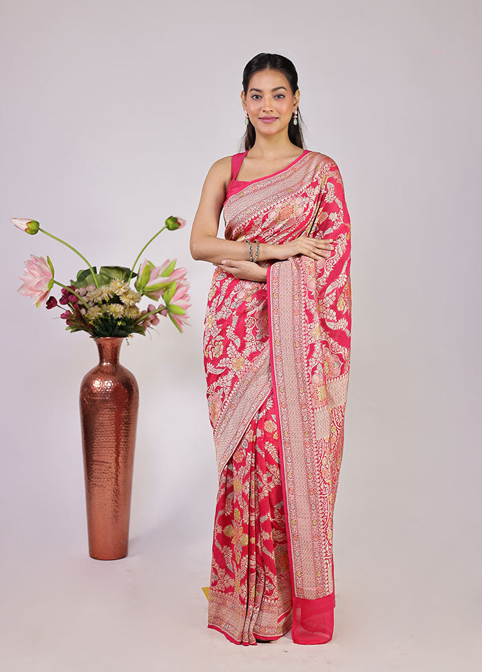 Pink Handloom Pure Georgette Saree With Blouse Piece