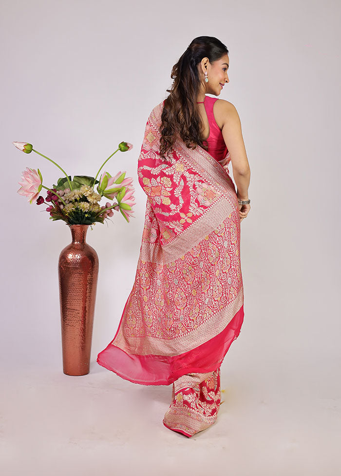 Pink Handloom Pure Georgette Saree With Blouse Piece