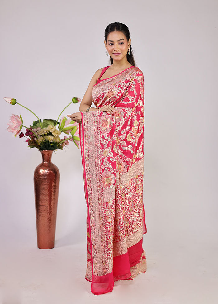 Pink Handloom Pure Georgette Saree With Blouse Piece