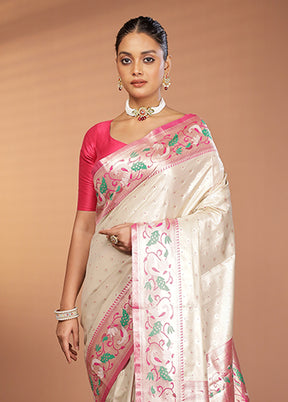 Cream Kanjivaram Silk Saree With Blouse Piece