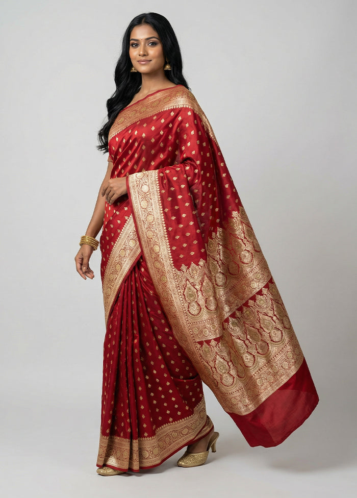 Maroon Handloom Banarasi Pure Silk Saree With Blouse Piece