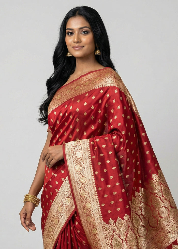 Maroon Handloom Banarasi Pure Silk Saree With Blouse Piece