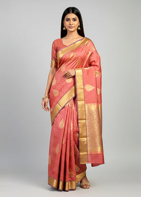 Pink Handloom Kanjivaram Pure Silk Saree With Blouse Piece