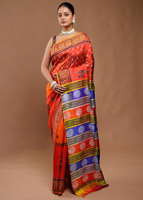 Orange Printed Silk Saree Without Blouse Piece