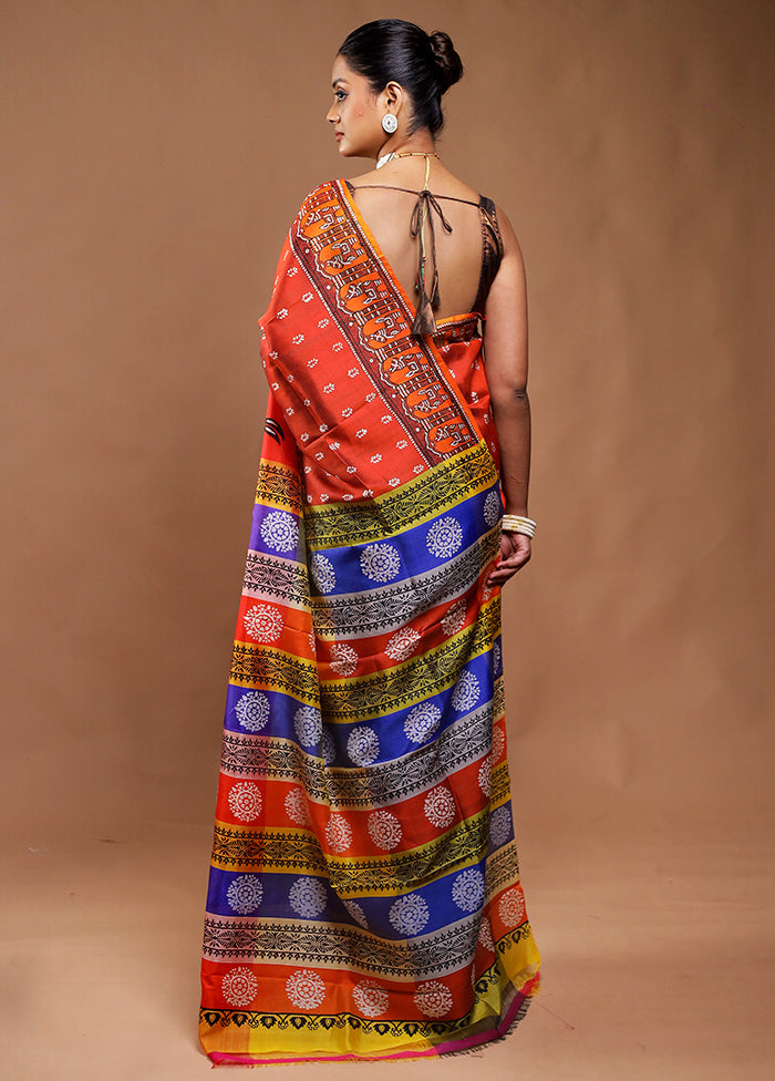 Orange Printed Silk Saree Without Blouse Piece