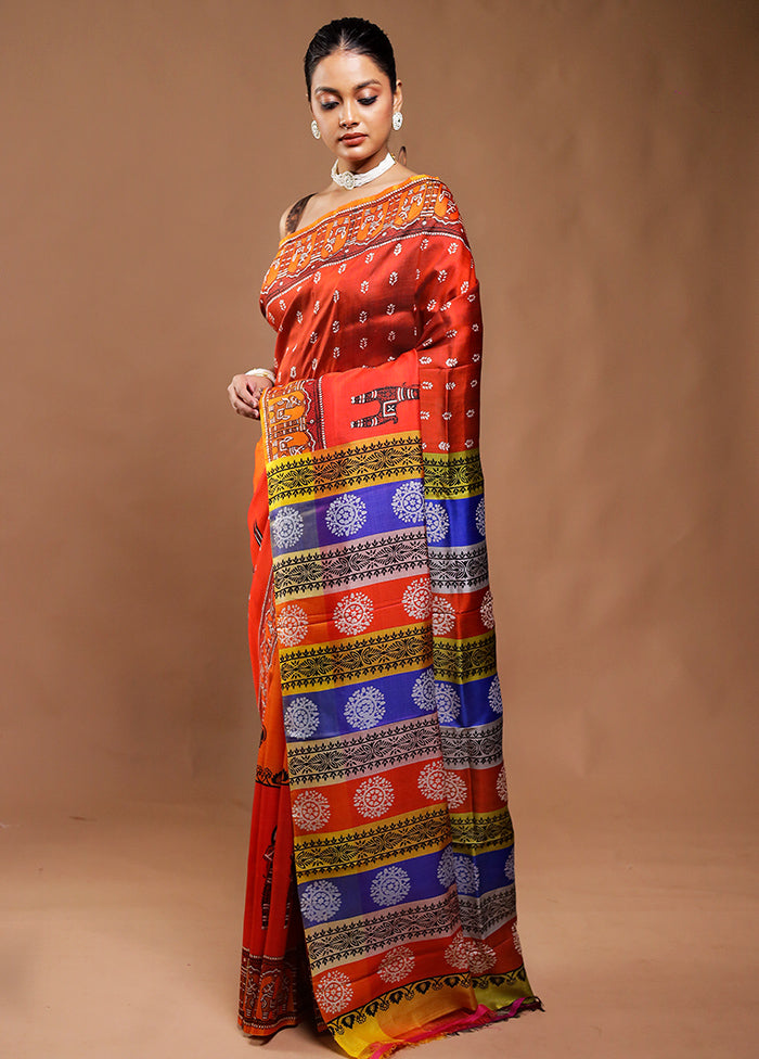 Orange Printed Silk Saree Without Blouse Piece