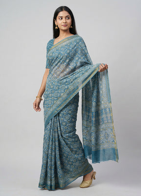 Blue Chanderi Cotton Saree With Blouse Piece