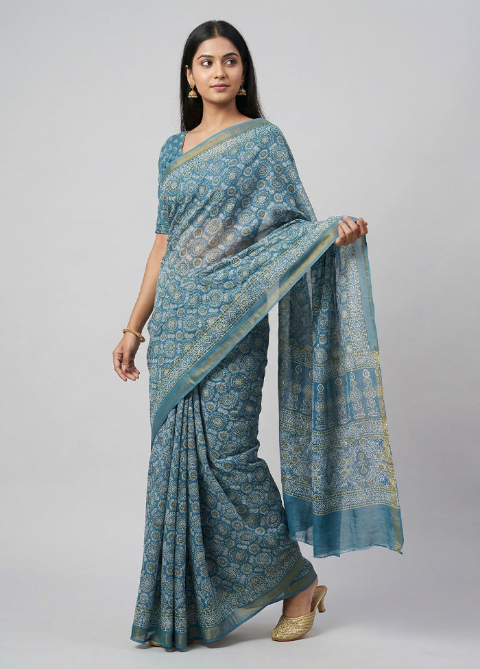 Blue Chanderi Cotton Saree With Blouse Piece