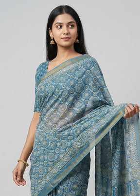 Blue Chanderi Cotton Saree With Blouse Piece