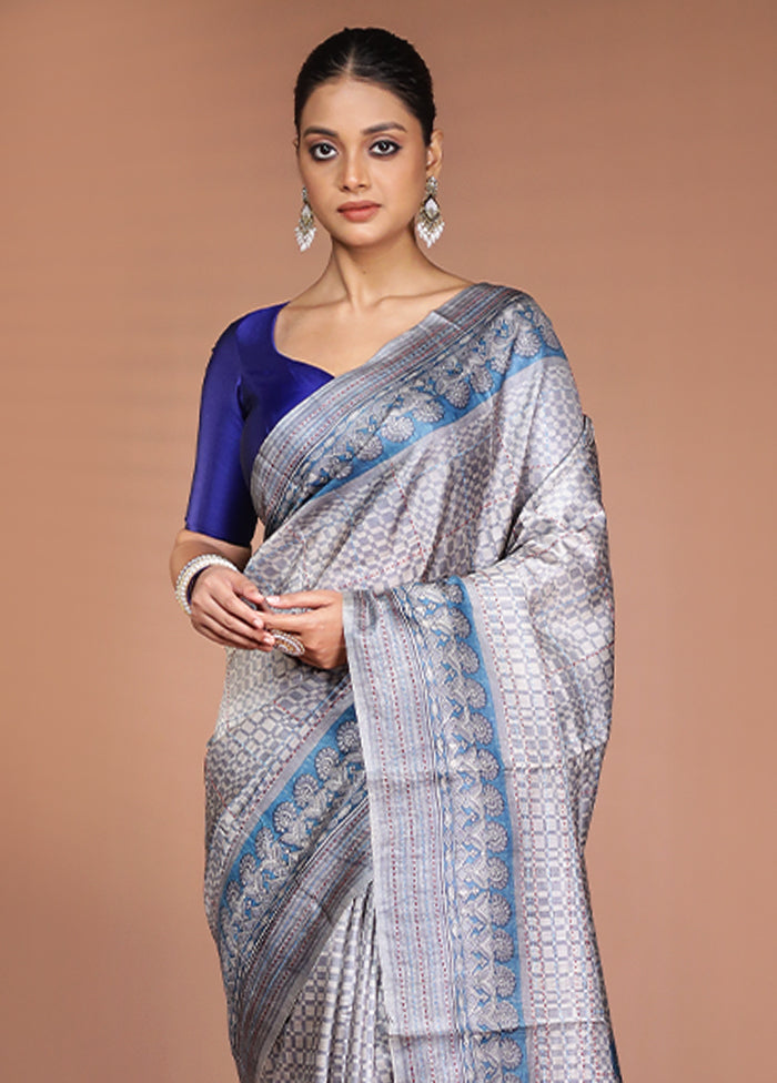 Grey Handloom Tussar Pure Silk Saree With Blouse Piece
