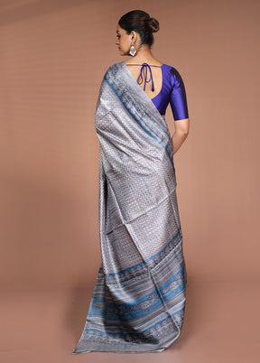 Grey Handloom Tussar Pure Silk Saree With Blouse Piece