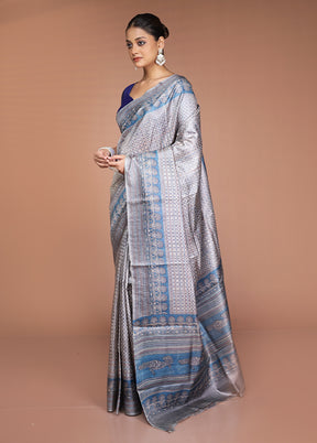 Grey Handloom Tussar Pure Silk Saree With Blouse Piece