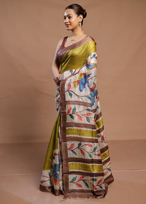 Green Handloom Tussar Pure Silk Saree With Blouse Piece