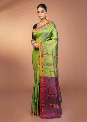 Green Handloom Printed Pure Silk Saree Without Blouse Piece