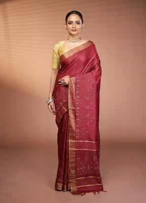 Purple Handloom Tussar Pure Silk Saree With Blouse Piece