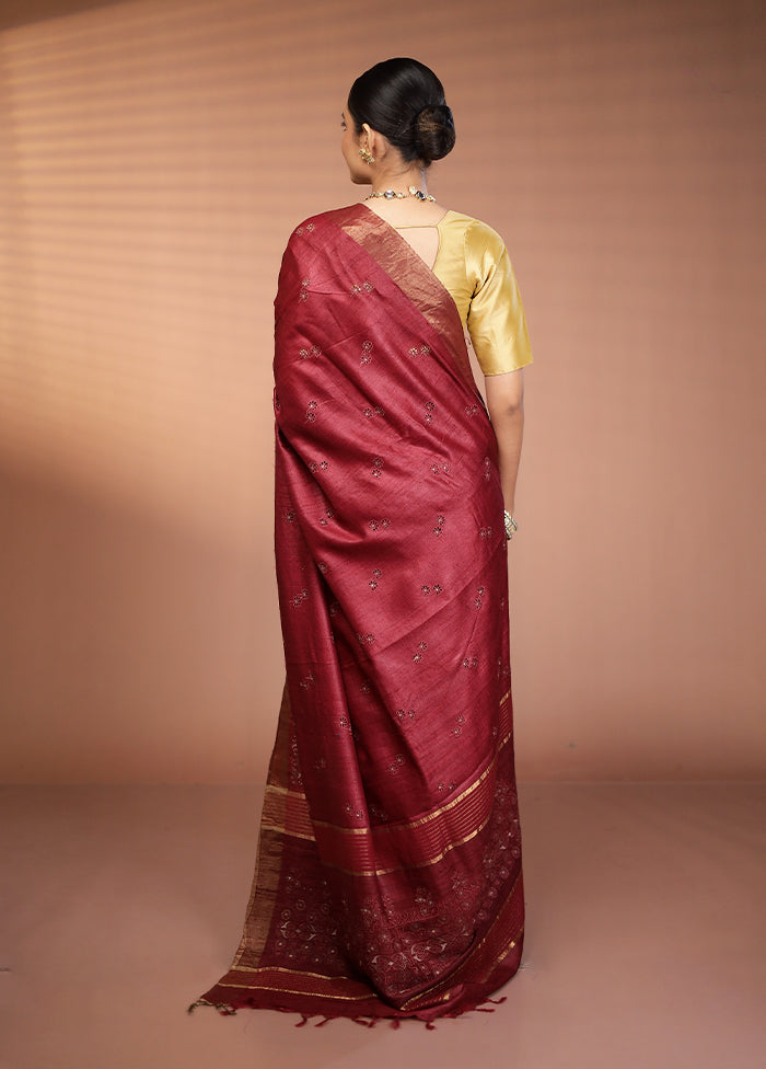 Purple Handloom Tussar Pure Silk Saree With Blouse Piece