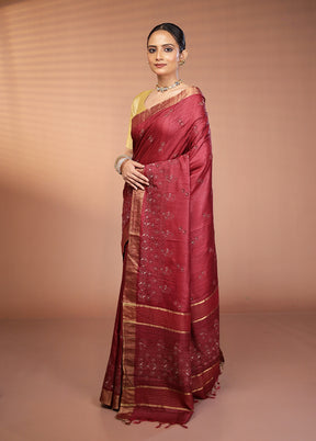 Purple Handloom Tussar Pure Silk Saree With Blouse Piece