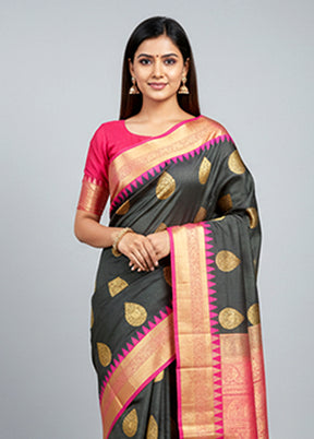 Black Handloom Kanchipuram Pure Silk Saree With Blouse Piece