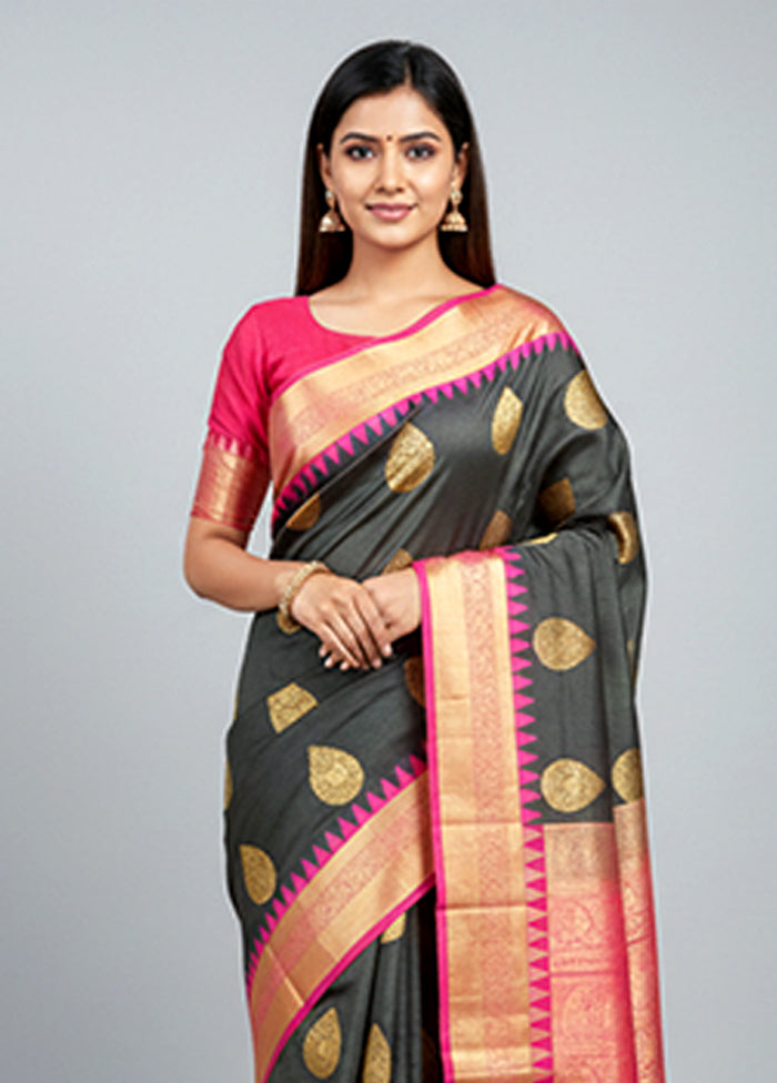 Black Handloom Kanchipuram Pure Silk Saree With Blouse Piece
