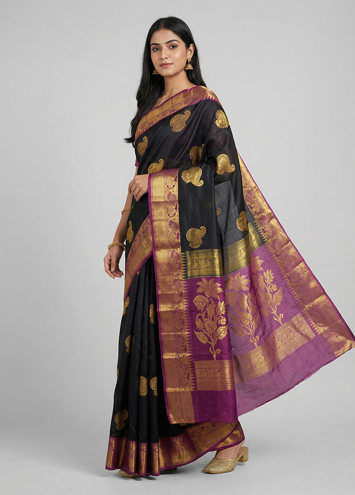 Black Handloom Kanchipuram Pure Silk Saree With Blouse Piece
