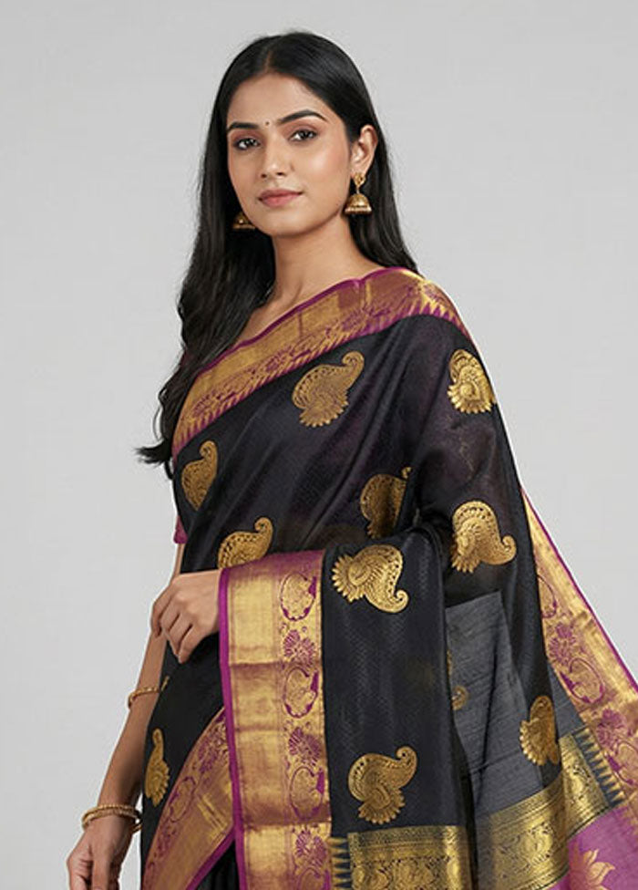 Black Handloom Kanchipuram Pure Silk Saree With Blouse Piece