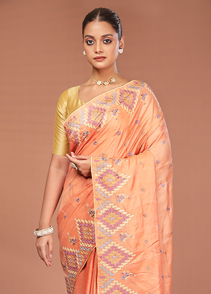 Peach Tussar Pure Silk Saree With Blouse Piece