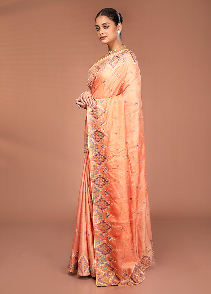 Peach Tussar Pure Silk Saree With Blouse Piece