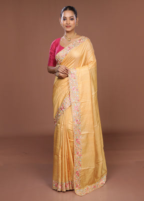 Yellow Handloom Tussar Pure Silk Saree With Blouse Piece