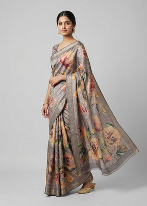 Grey Tussar Silk Saree With Blouse Piece