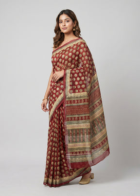 Maroon Linen Silk Saree With Blouse Piece