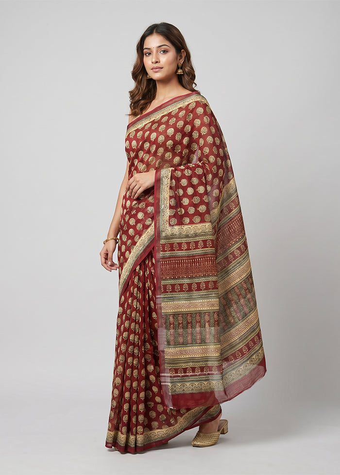 Maroon Linen Silk Saree With Blouse Piece