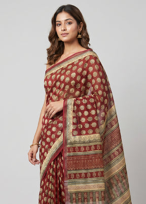 Maroon Linen Silk Saree With Blouse Piece