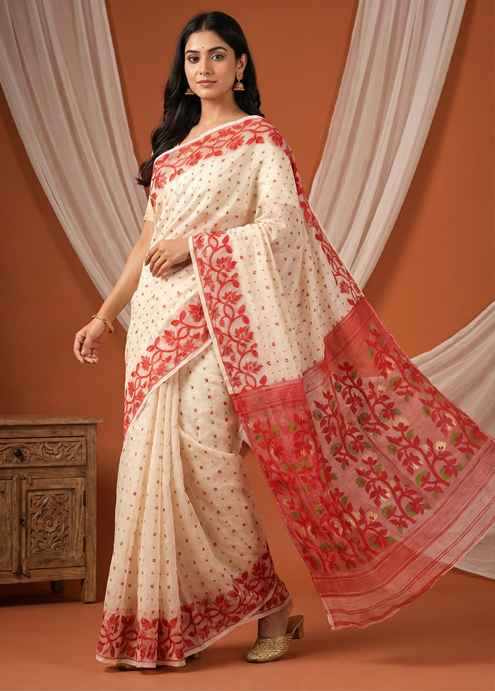 Red Jamdani Cotton Saree Without Blouse Piece