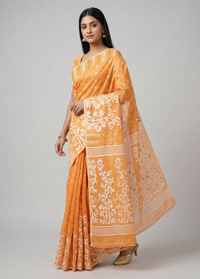 Yellow Jamdani Cotton Saree Without Blouse Piece
