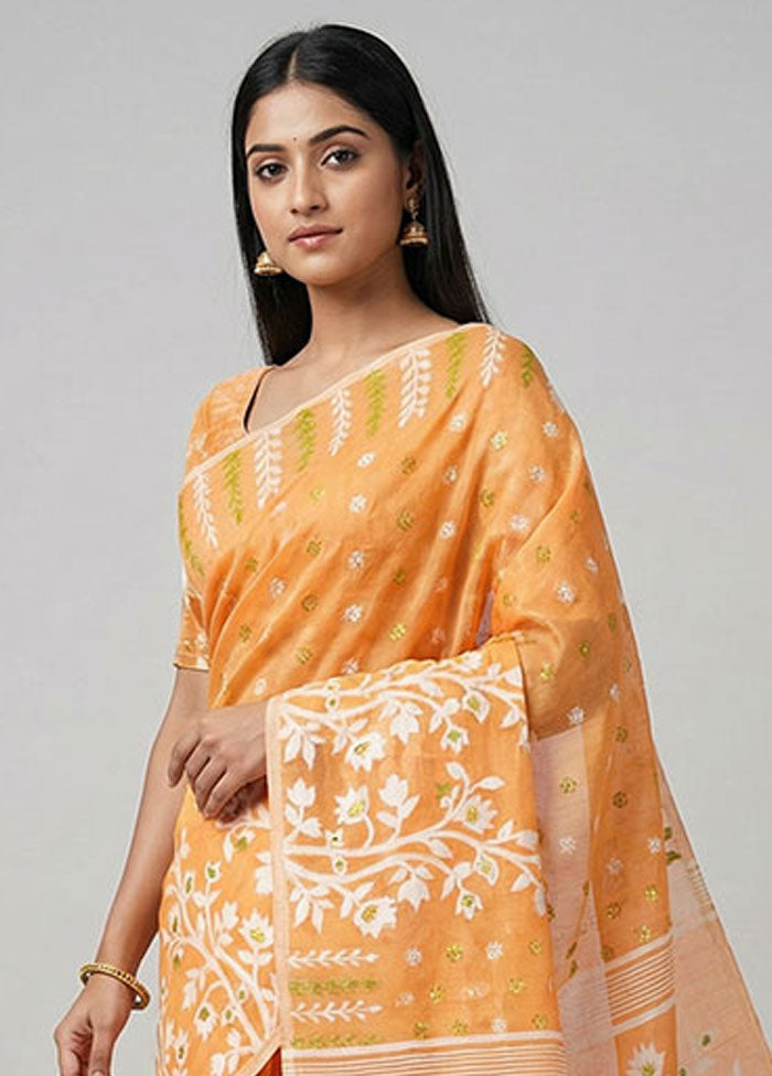 Yellow Jamdani Cotton Saree Without Blouse Piece