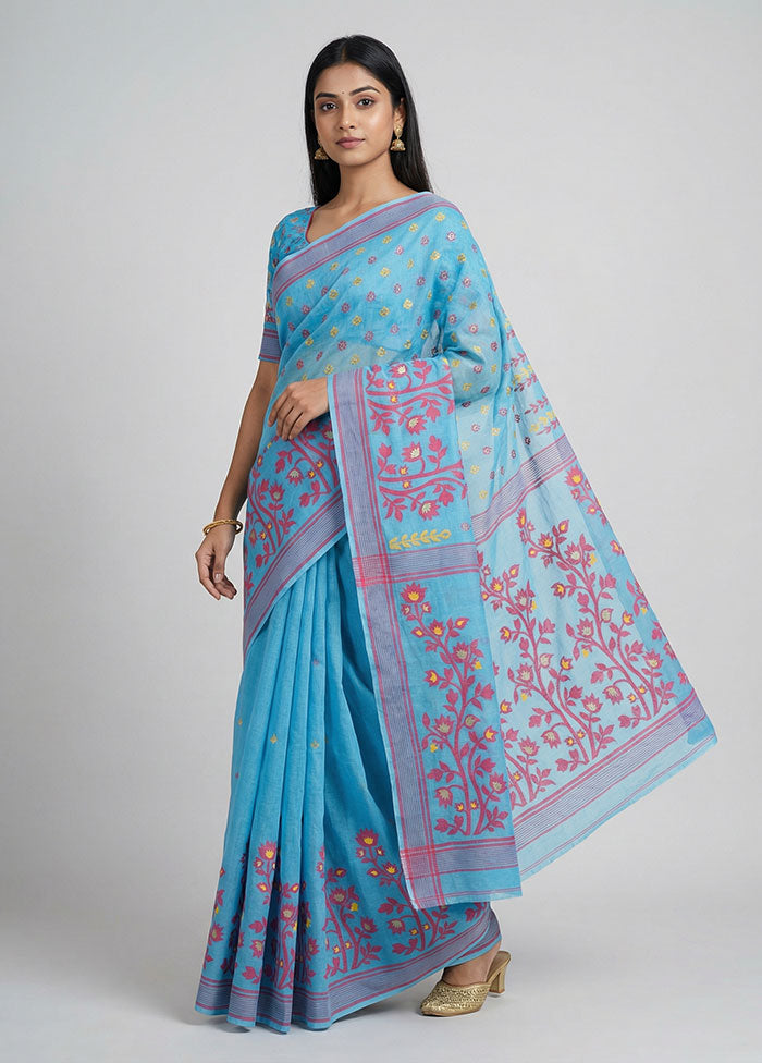Blue Jamdani Cotton Saree Without Blouse Piece