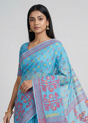 Blue Jamdani Cotton Saree Without Blouse Piece