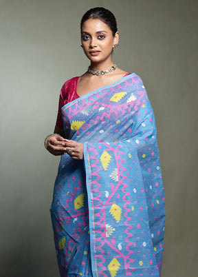 Blue Tant Jamdani Saree Without Blouse Piece