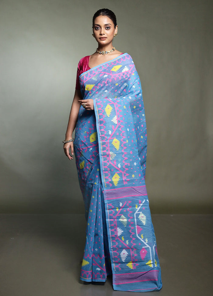 Blue Tant Jamdani Saree Without Blouse Piece
