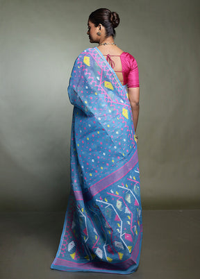 Blue Tant Jamdani Saree Without Blouse Piece