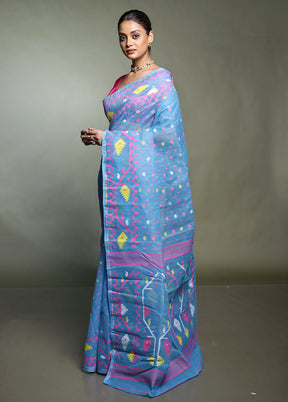 Blue Tant Jamdani Saree Without Blouse Piece