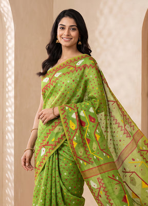 Green Jamdani Cotton Saree Without Blouse Piece